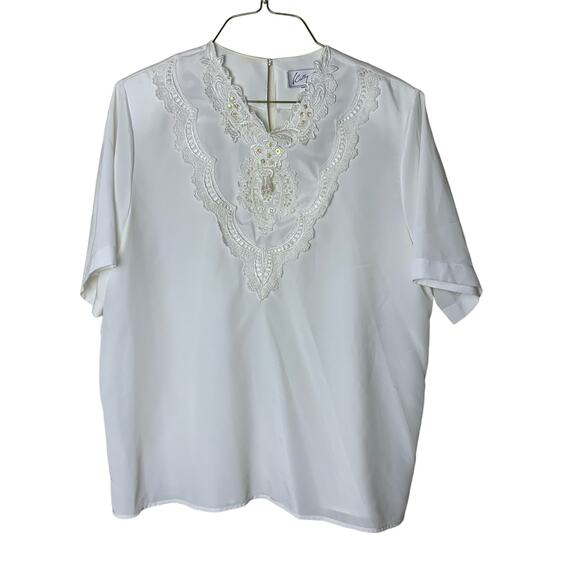 Kathy Che‎ VINTAGE white lace & faux pearl applique neckline short sleeve top 14 - Picture 1 of 5